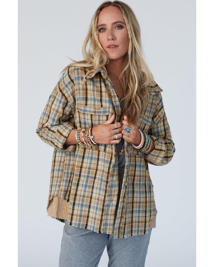 Ashleigh Blue Waffle Knit Patchwork Hooded Plaid Shacket - XL