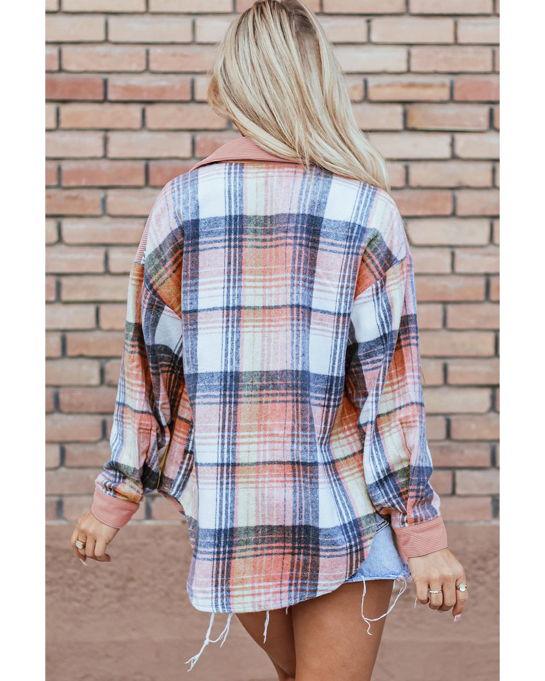 Light Pink Plaid Corduroy Patchwork Chest Pocket Shacket - L