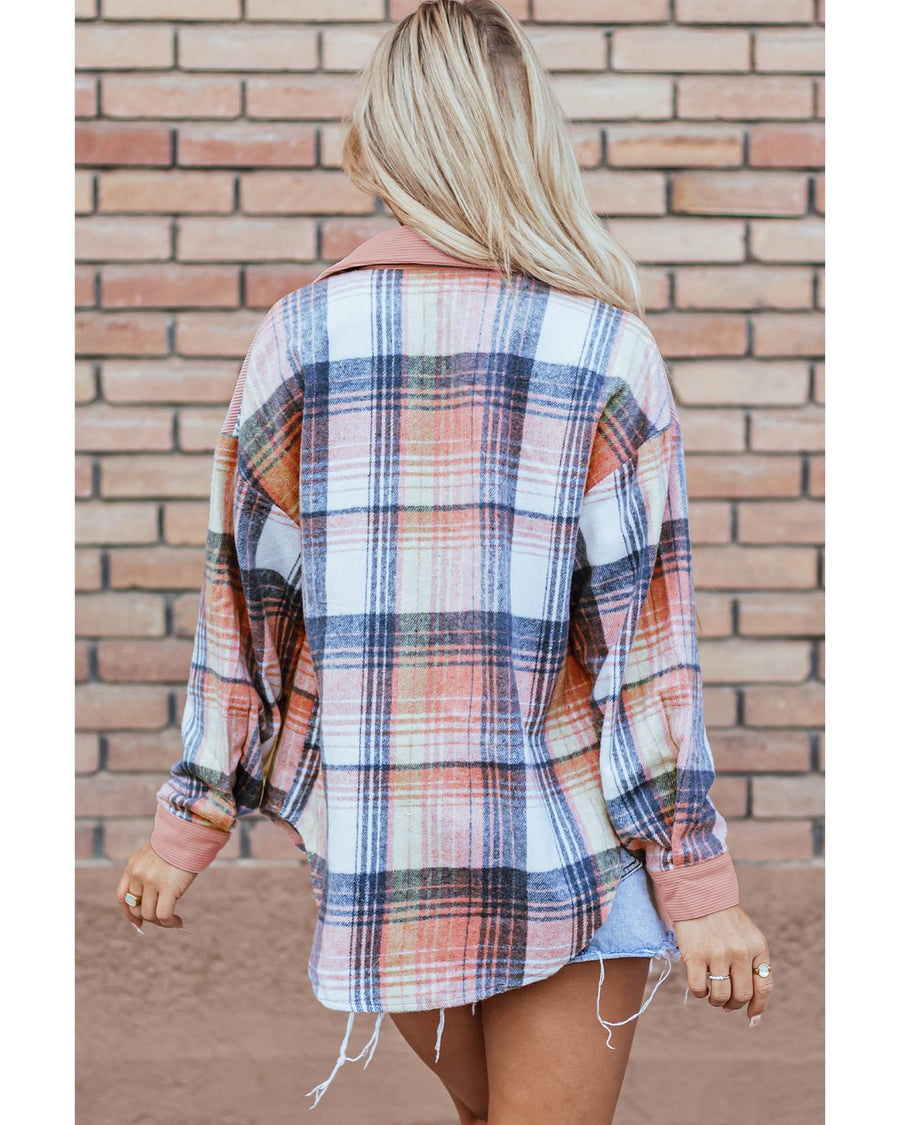 Light Pink Plaid Corduroy Patchwork Chest Pocket Shacket - L