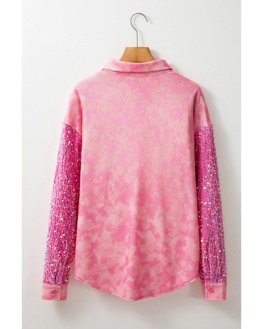 Apricot Pink Mineral Wash Sequin Patchwork Flap Pocket Shacket - S