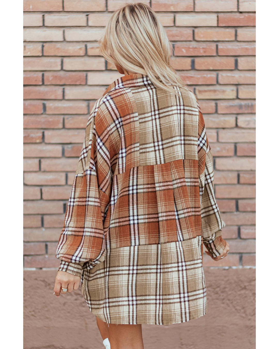 Khaki Plaid Colorblock Patchwork High Low Shacket - L