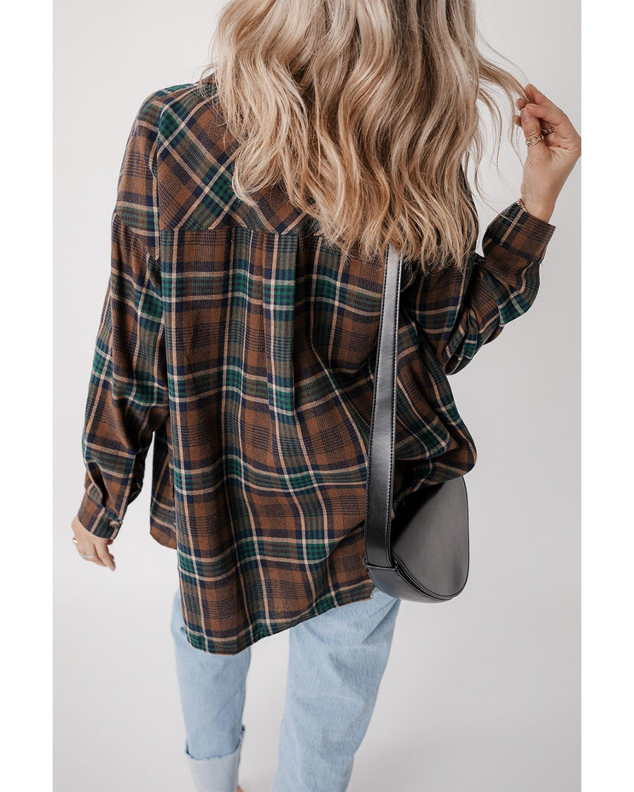 Brown Plaid Print Chest Pockets Buttoned Shirt Jacket - S