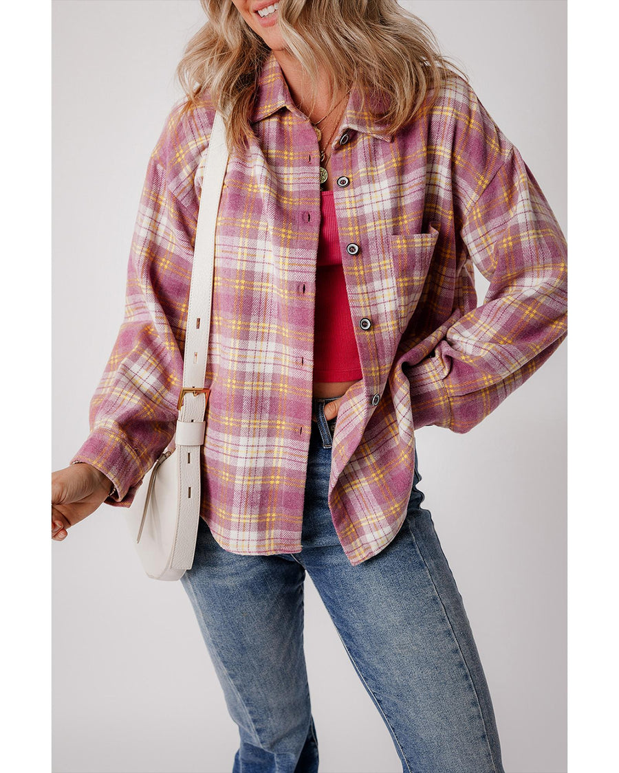Pink Plaid Print Chest Pocket Long Sleeve Shacket - L