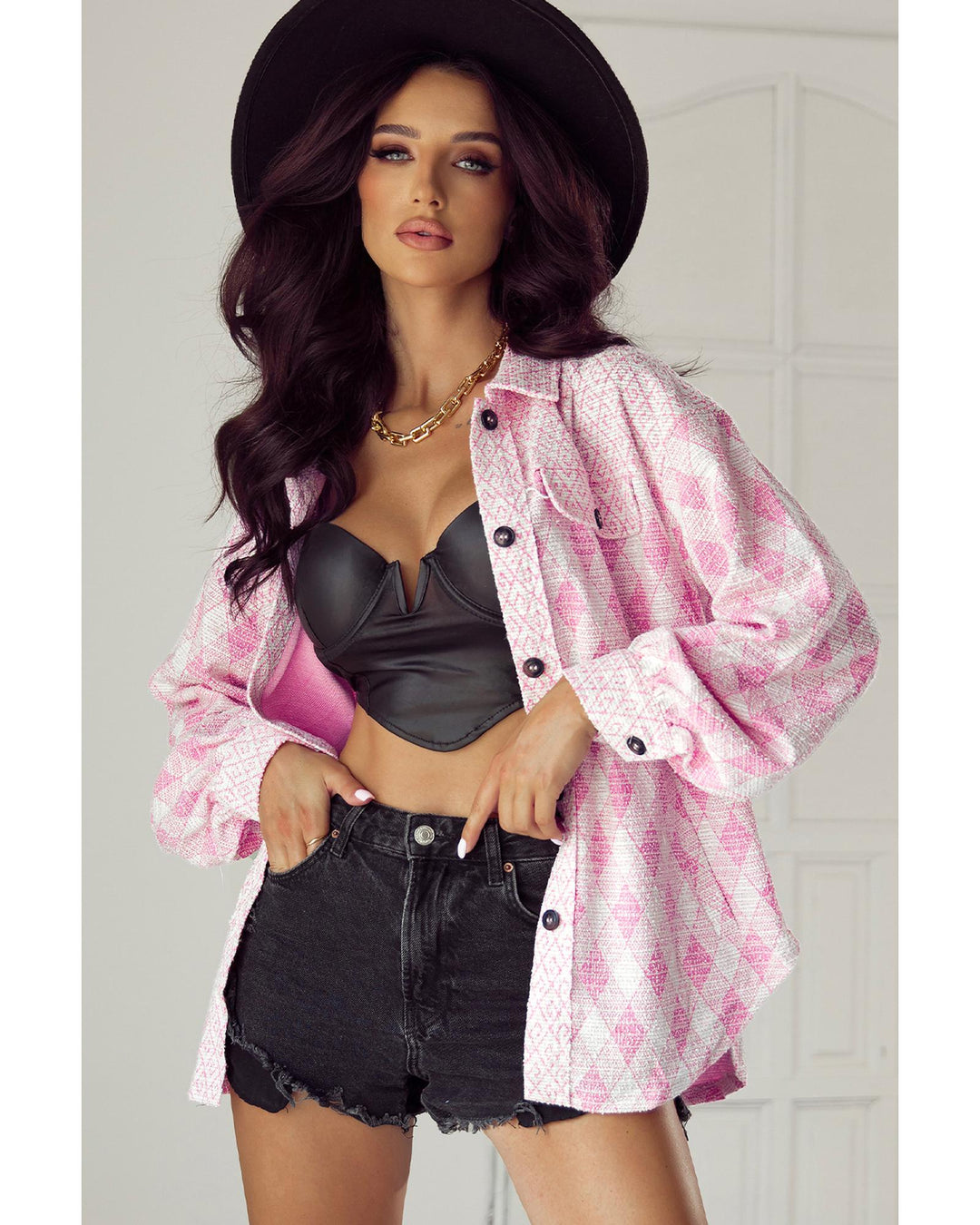 Delicacy Geometric Print Textured Flap Detail Shacket with Pocket - M