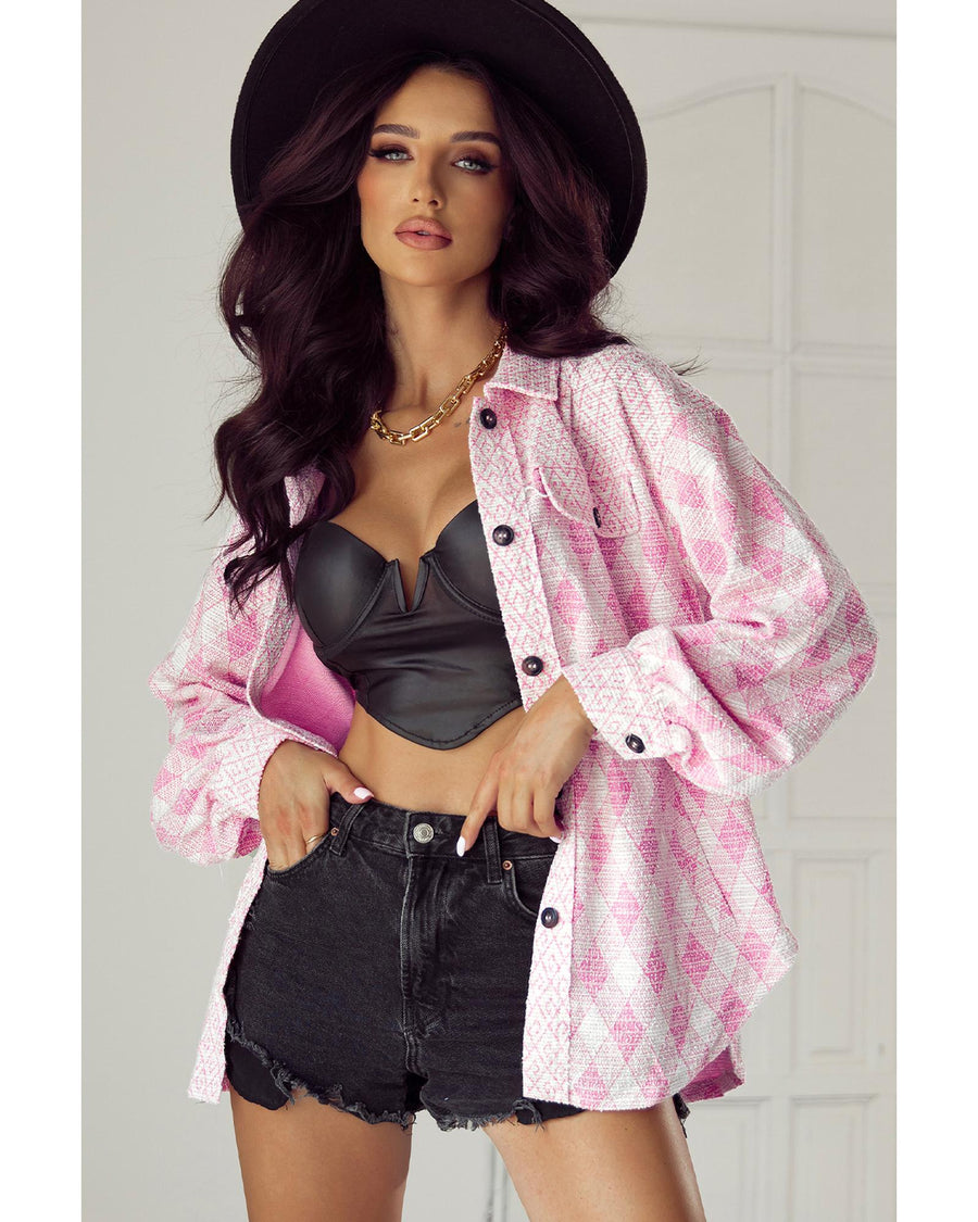 Delicacy Geometric Print Textured Flap Detail Shacket with Pocket - S