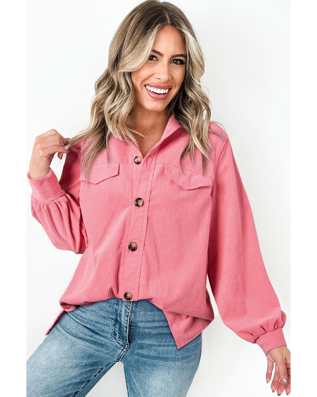 Bonbon Corduroy Flap Detail Button Up Split Shacket - M