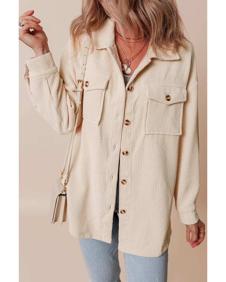 Oatmeal Corduroy Flap Pocket Button Up Shacket - S
