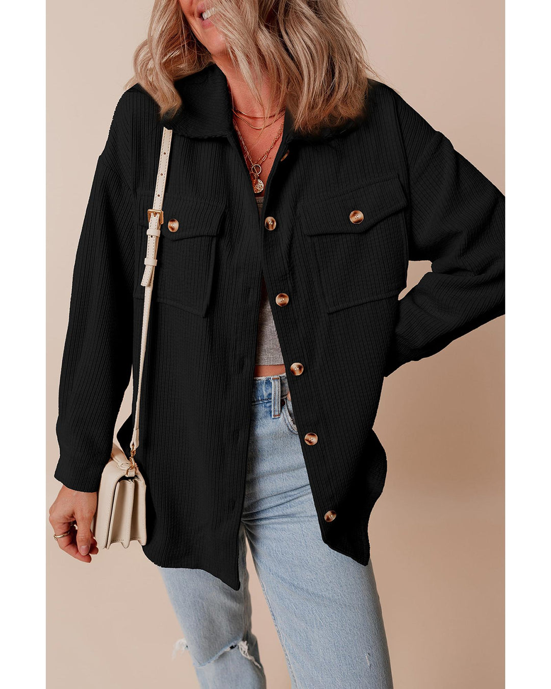 Black Corduroy Flap Pocket Button Up Shacket - L