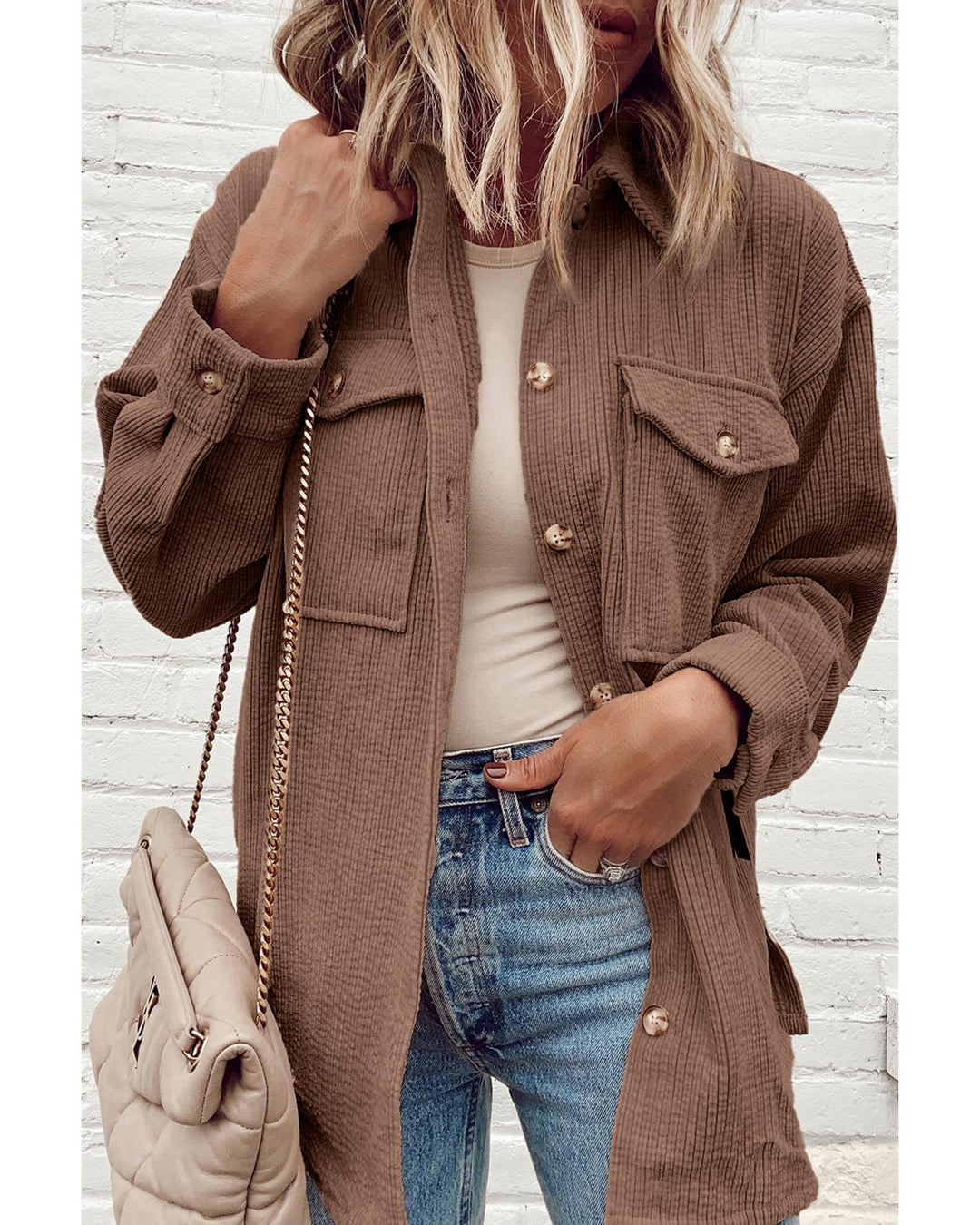 Chestnut Corduroy Flap Pocket Button Up Shacket - XL