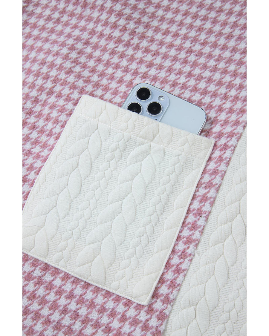 Pink Houndstooth Color Contrast Textured Patchwork Loose Shacket - 2XL