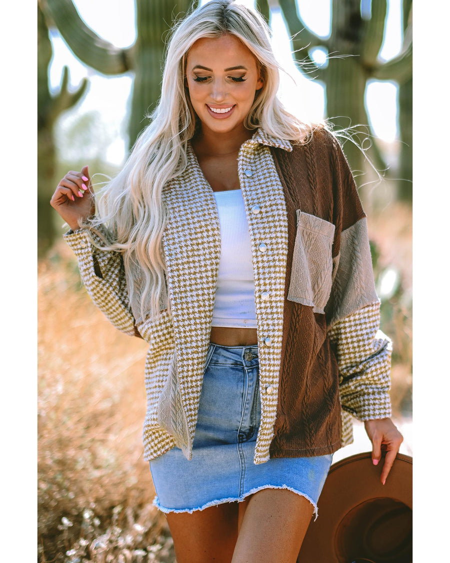 Khaki Houndstooth Color Contrast Textured Patchwork Loose Shacket - L