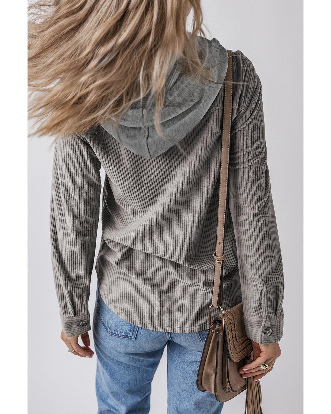 Light Grey Hooded Drawstring Pockets Corduroy Shacket - S