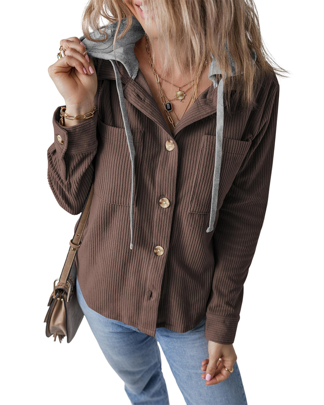 Coffee Hooded Drawstring Pockets Corduroy Shacket - L