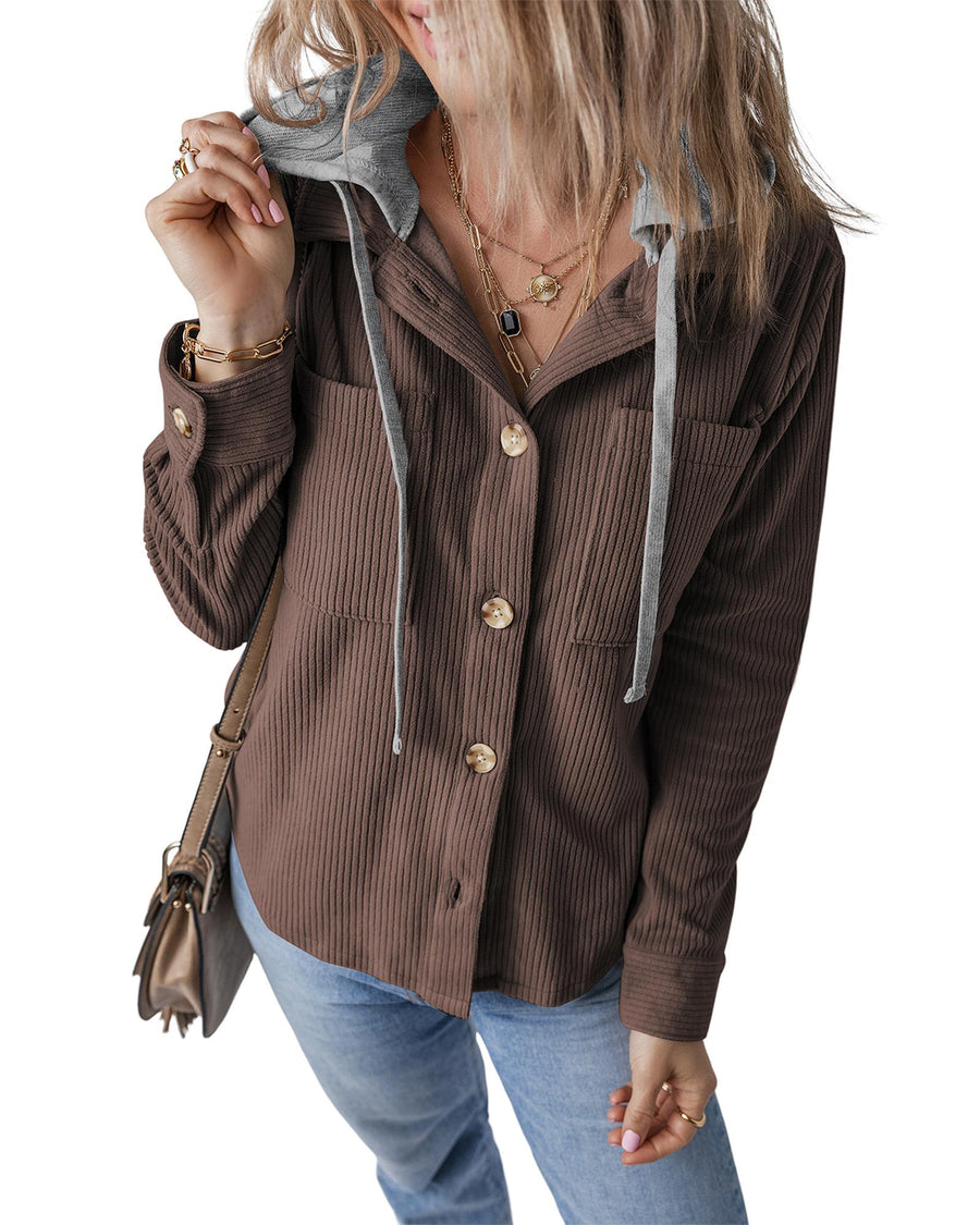 Coffee Hooded Drawstring Pockets Corduroy Shacket - L