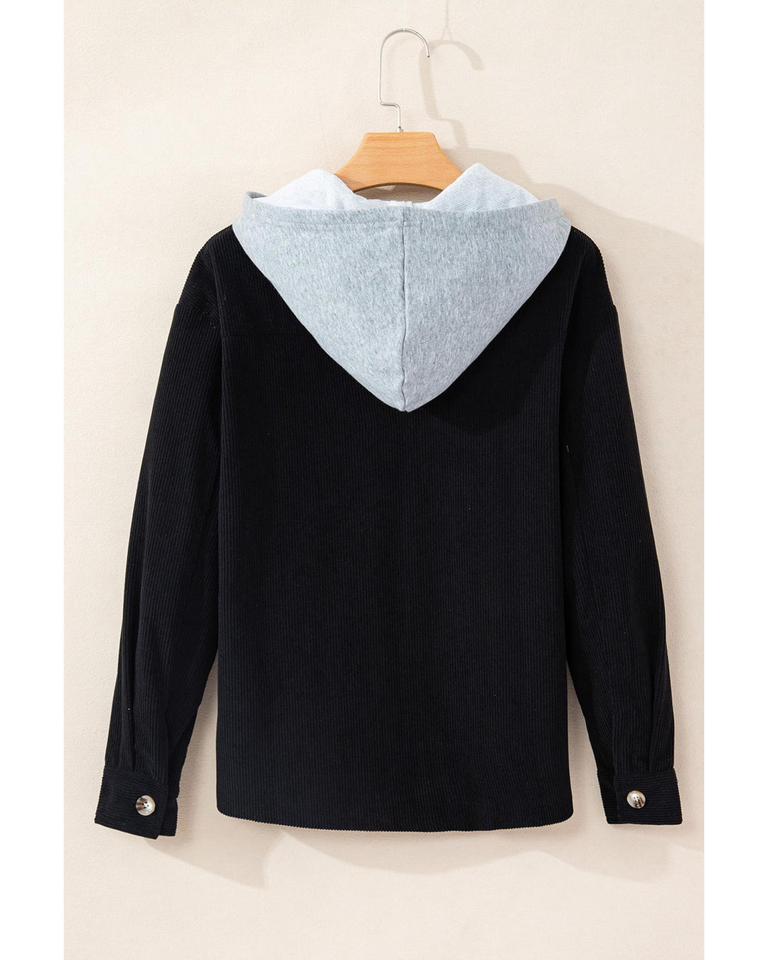 Black Hooded Drawstring Pockets Corduroy Shacket - XL