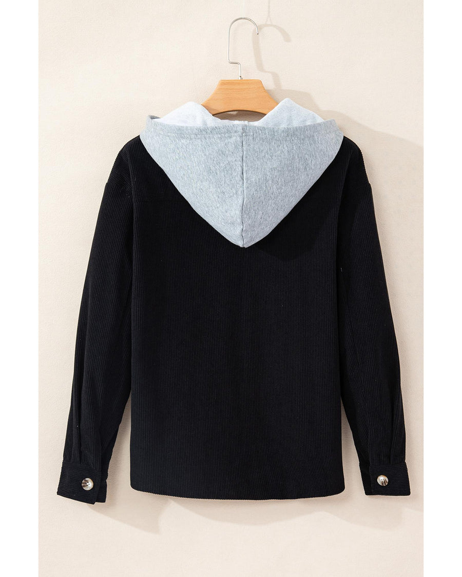 Black Hooded Drawstring Pockets Corduroy Shacket - XL