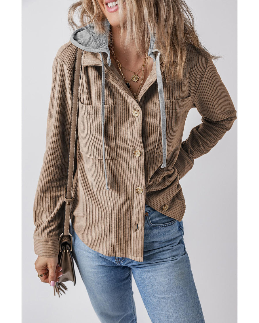Pale Khaki Hooded Drawstring Pockets Corduroy Shacket - XL