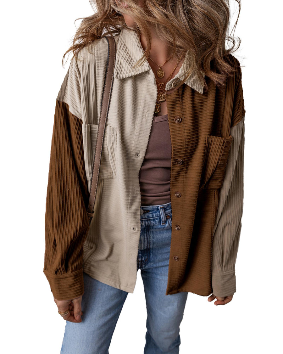 Brown Color Block Chest Pockets Buttoned Corduroy Shacket - M