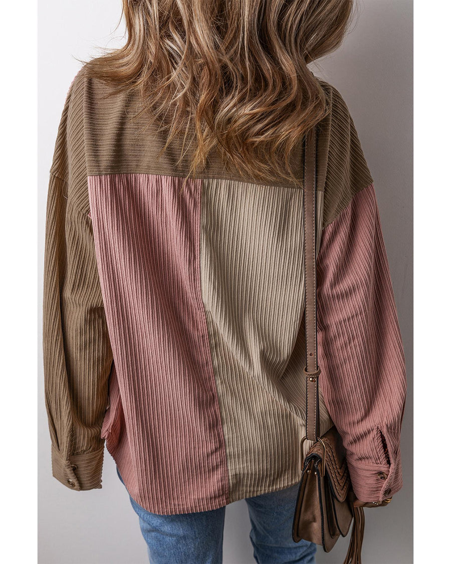 Mineral Red Color Block Chest Pockets Buttoned Corduroy Shacket - M