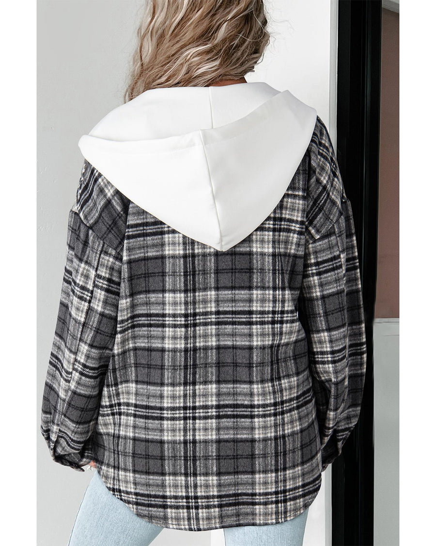Black Plaid Print Flap Pockets Contrast Hooded Loose Shacket - XL