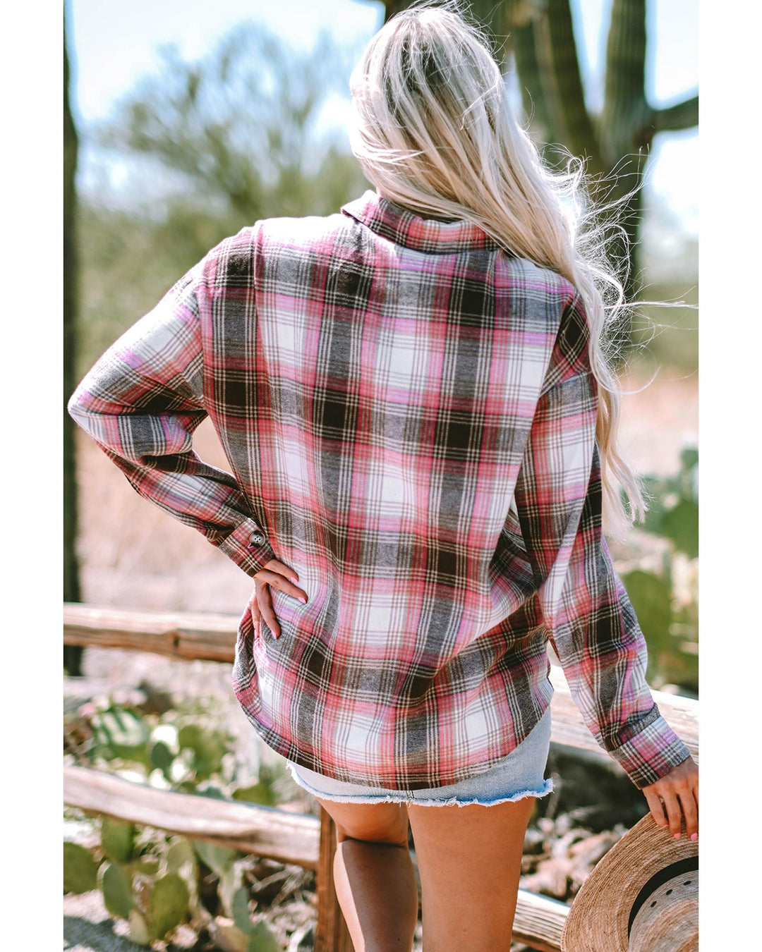 Pink Plaid Flap Pocket Button Up Shacket - M