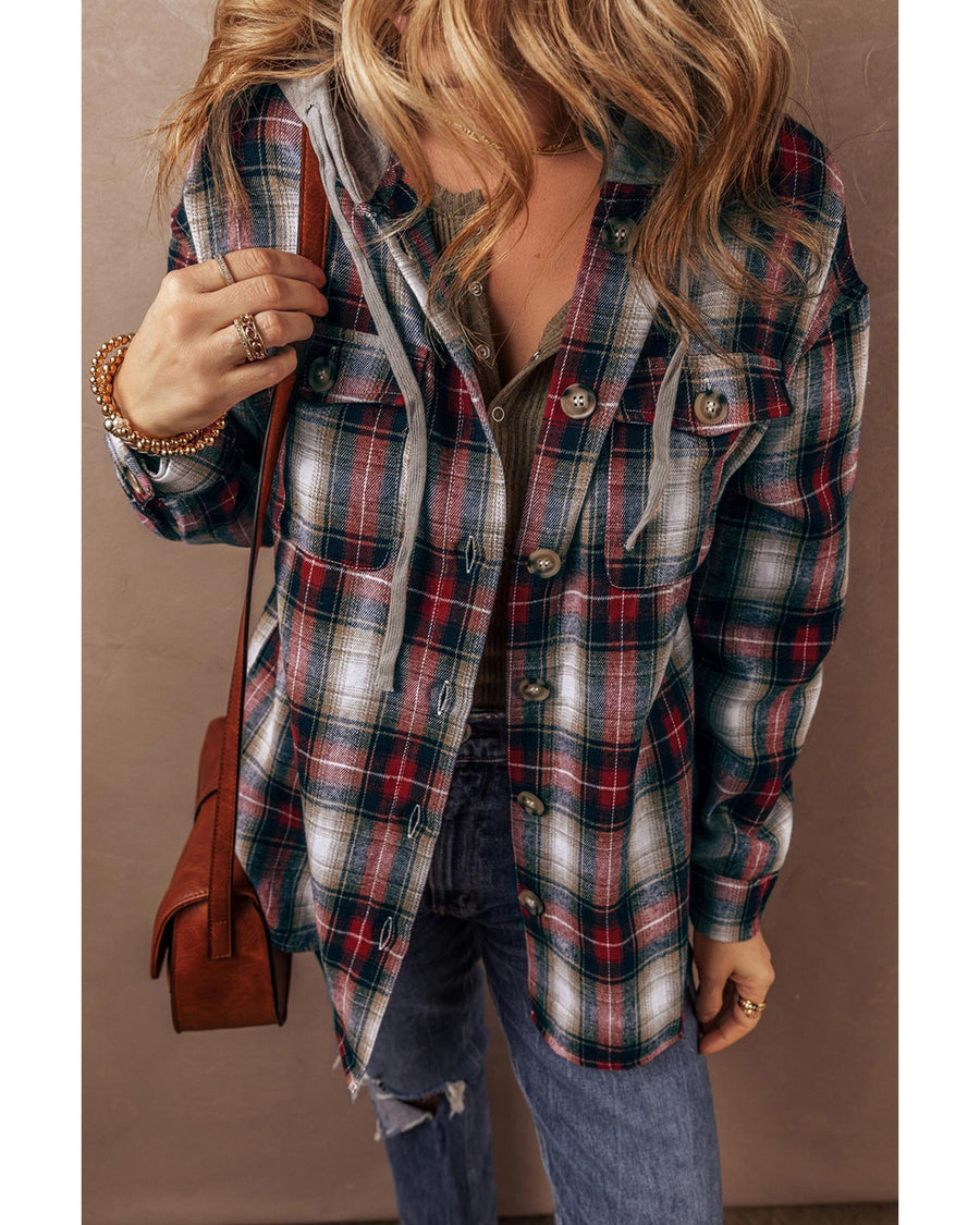 Red Plaid Print Chest Pocket Buttoned Hooded Shacket - XL