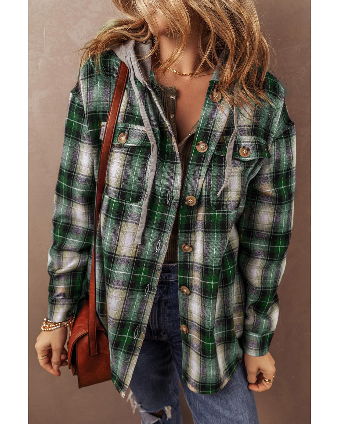 Green Plaid Print Chest Pocket Buttoned Hooded Shacket - S