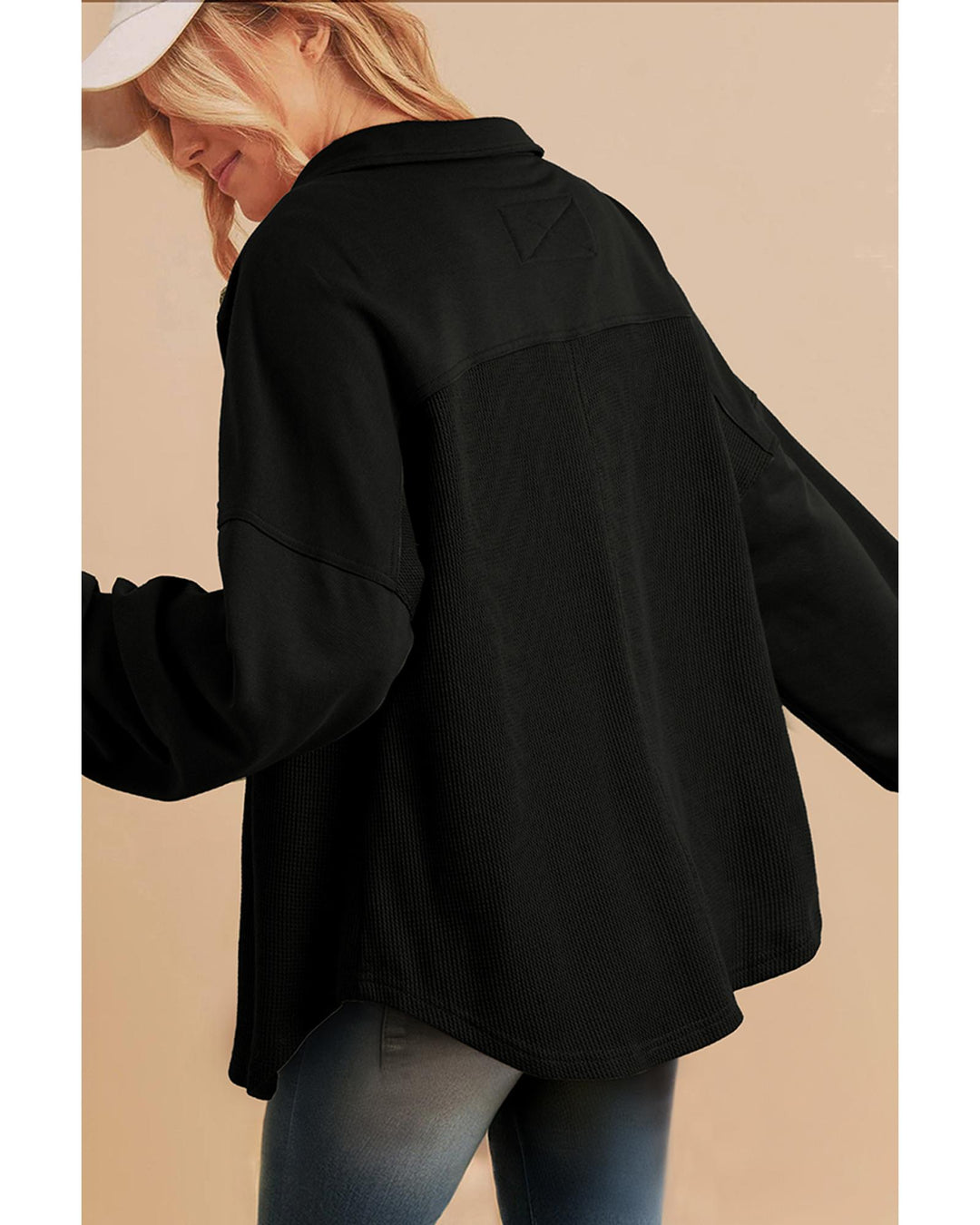 Black Waffle Knit Patchwork Buttoned Oversized Shacket - M