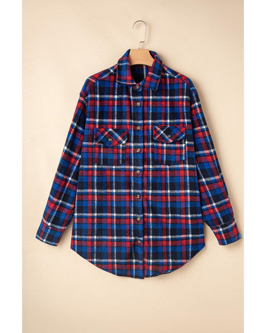 Navy Blue Plaid Flap Pocket Button Up Shacket - L