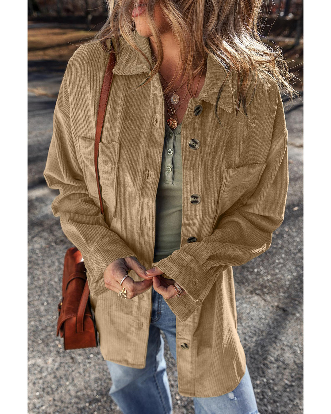 Light French Beige Patched Pocket Button Up Corduroy Shacket - L