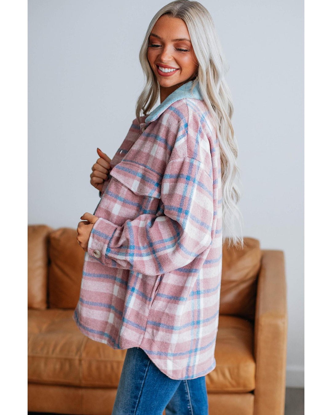 Pink Plaid Print Color Block Collared Flap Pockets Loose Shacket - M