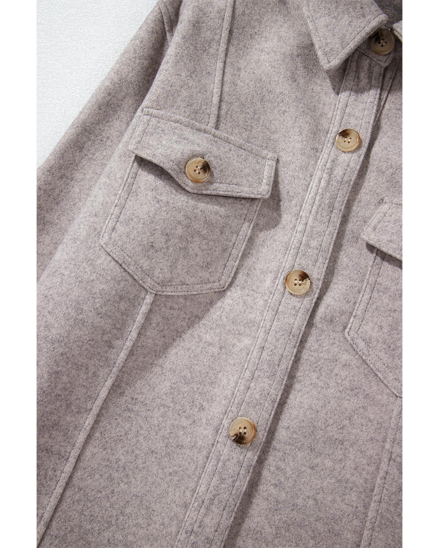 Light Grey Turn Down Collar Flap Pockets Buttoned Shacket - L
