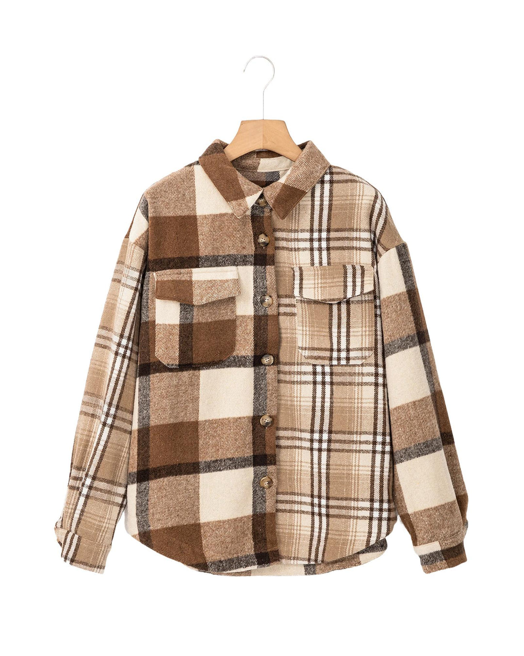 Light French Beige Flannel Plaid Double Flap Pocket Shacket - M