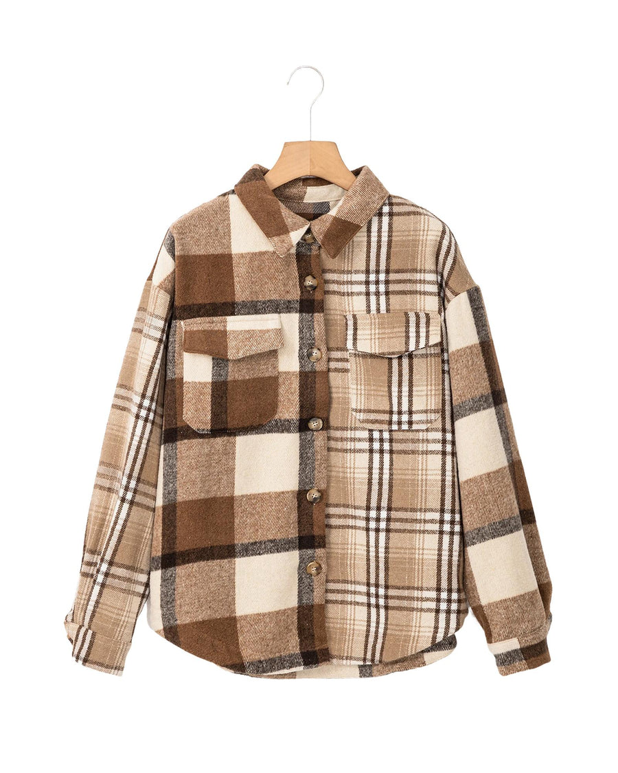 Light French Beige Flannel Plaid Double Flap Pocket Shacket - XL