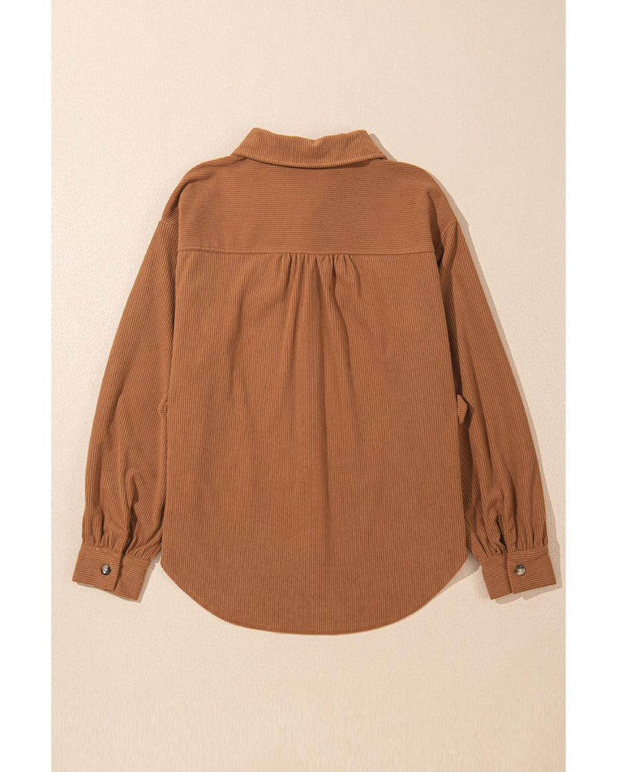 Cinnamon Corduroy Flap Pocket Button Up Round Hem Shacket - L