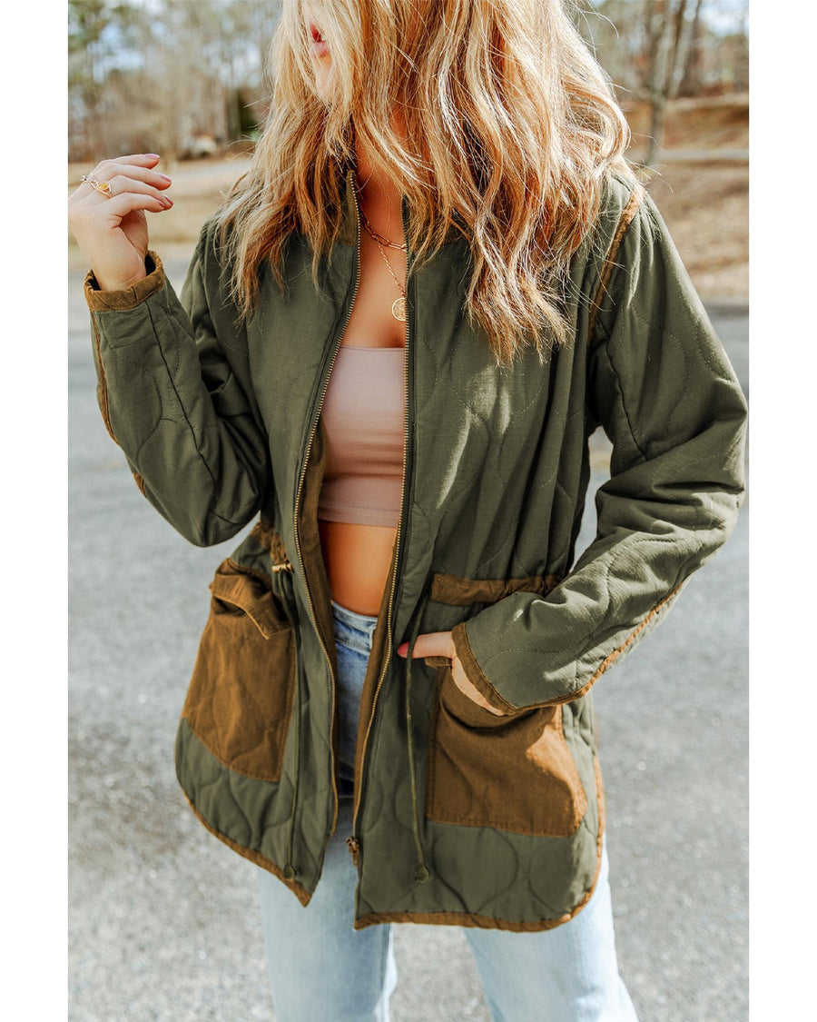 Green Stitching Quilted Drawstring Jacket - M