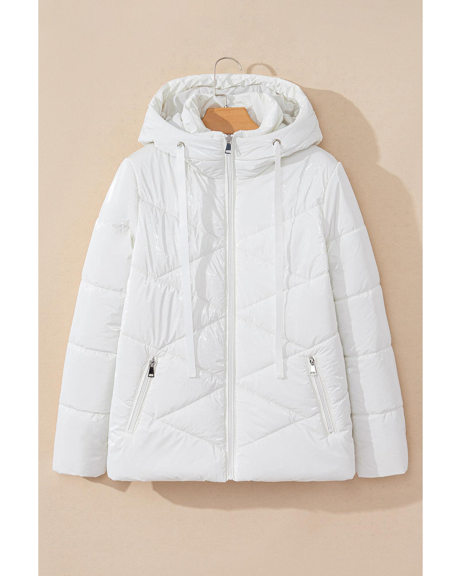 White Solid Quilted Hooded Zip Up Puffer Coat - XL