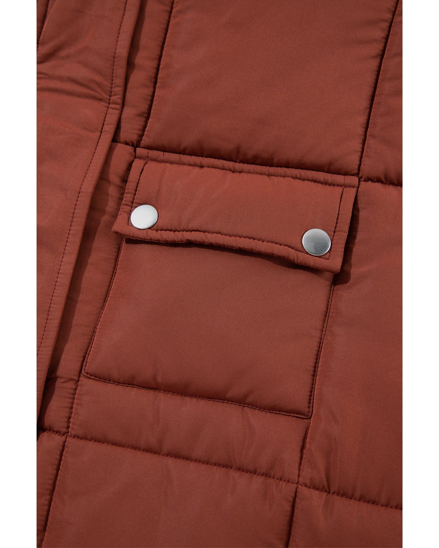 Coffee Quilted Puffer Stand Neck Zipped Mid-length Coat - S