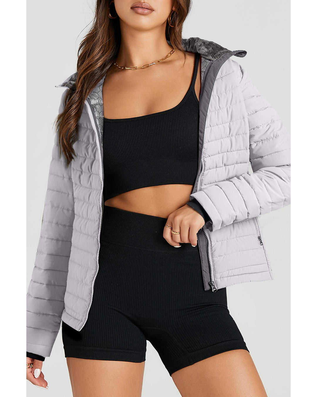 Silvery Solid Color Quilted Zip-up Puffer Jacket - 2XL