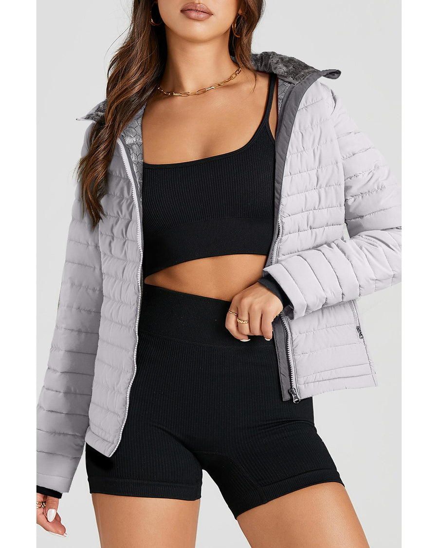 Silvery Solid Color Quilted Zip-up Puffer Jacket - XL