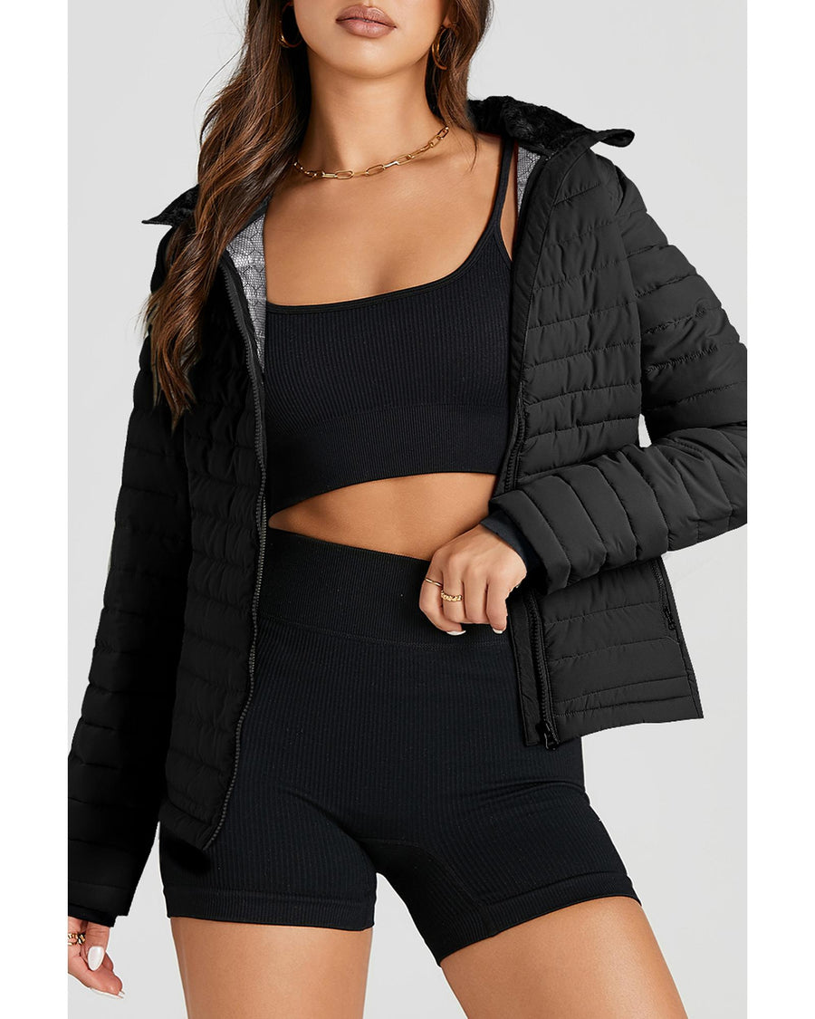 Black Solid Color Quilted Zip-up Puffer Jacket - M