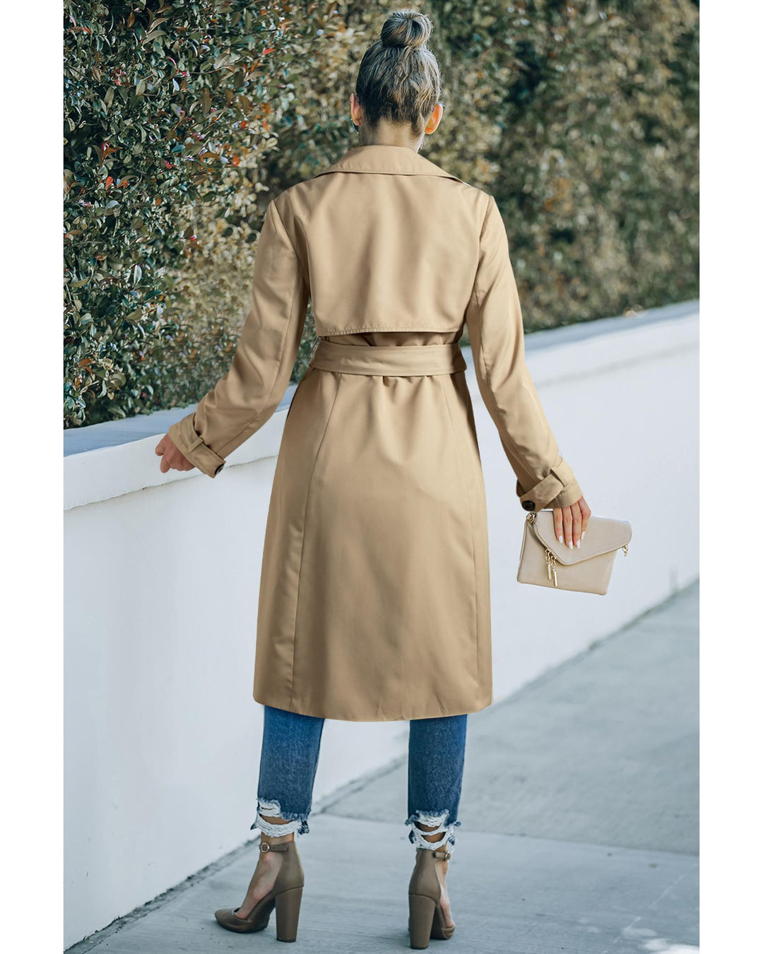 Pale Khaki Solid Color Lapel Collar Waist Tie Wind Coat - S