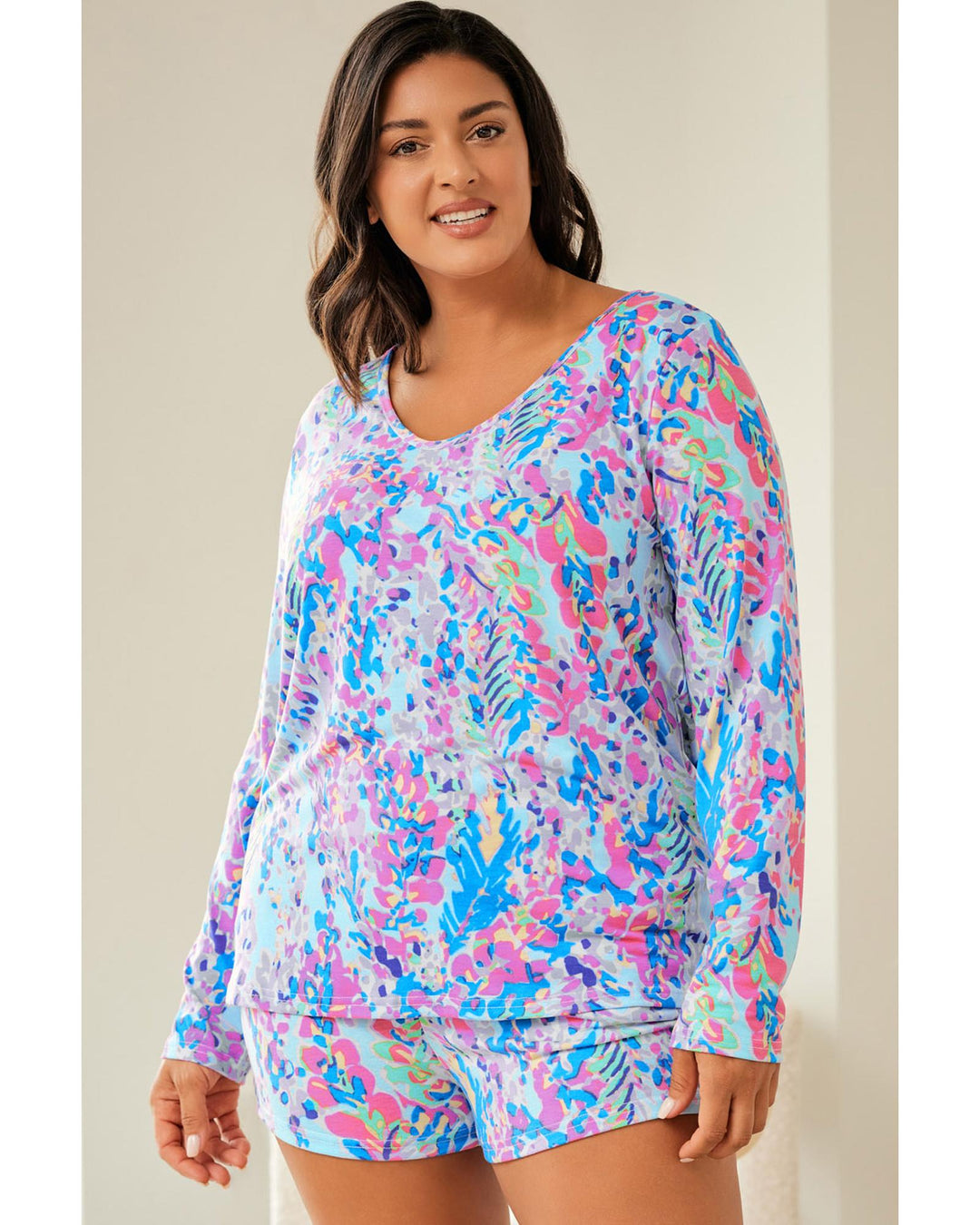 Sky Blue Plus Size Floral Print Long Sleeve and Shorts Lounge Outfit - 2X
