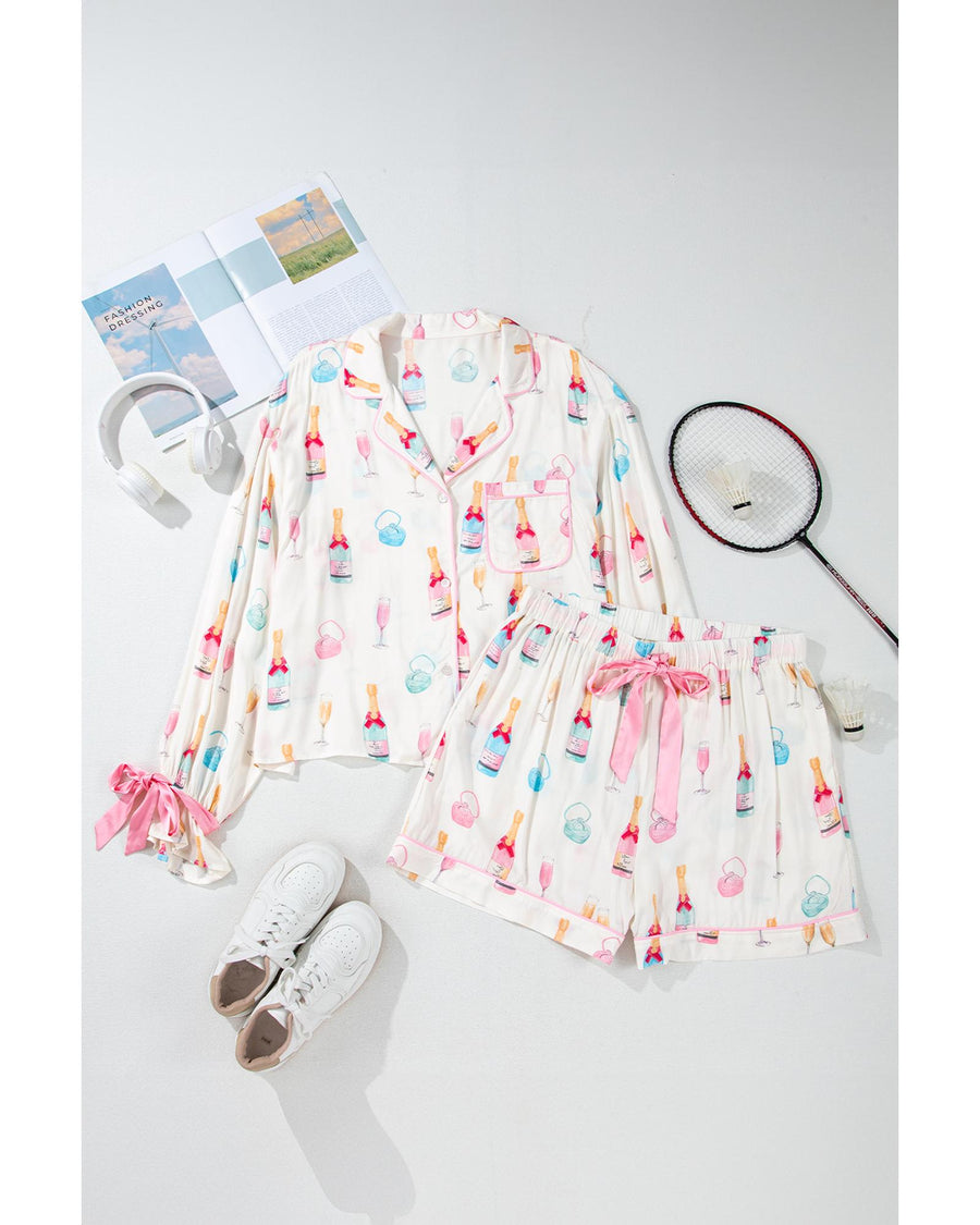 White Plus Size Wine Glass Print Bow Knot Pajama Set - 4X