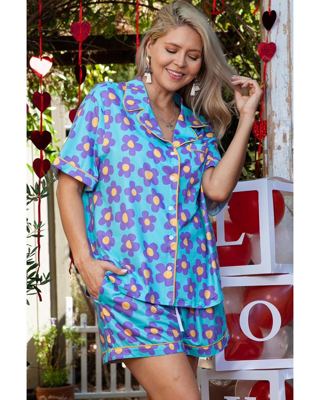 Sky Blue Cute Flower Print Contrast Trim Plus Size Short PJ Set - 2X