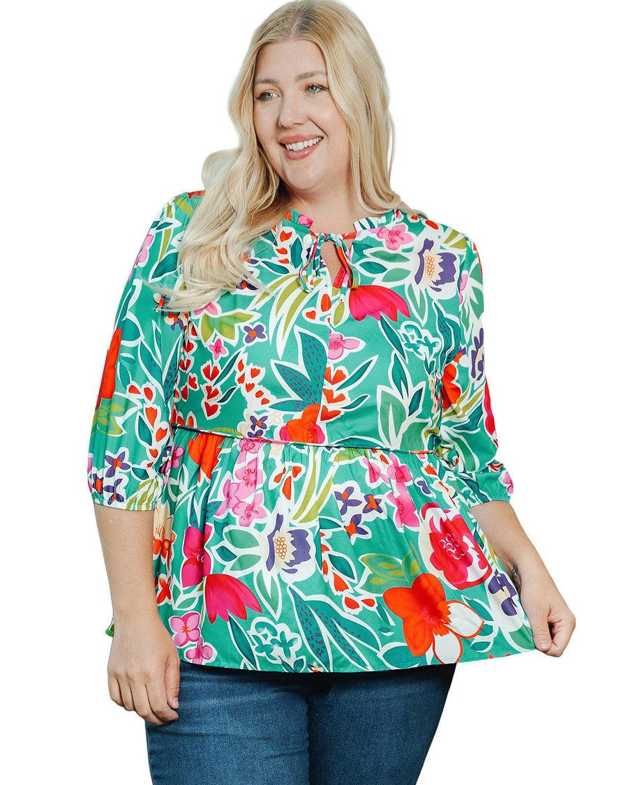 Multicolor Floral Tie Split Neck Plus Size Peplum Blouse - 2X