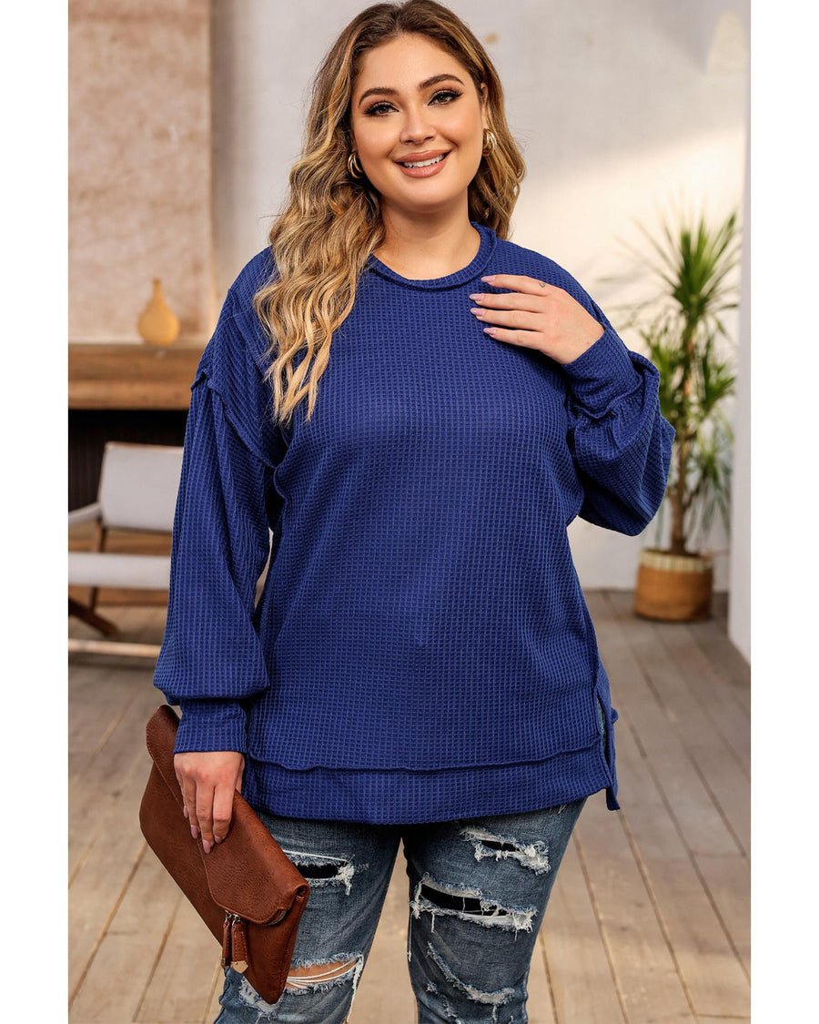 Azura Exchange Blue Plus Size Waffle Knit Oversized Exposed Seam Top - 1X