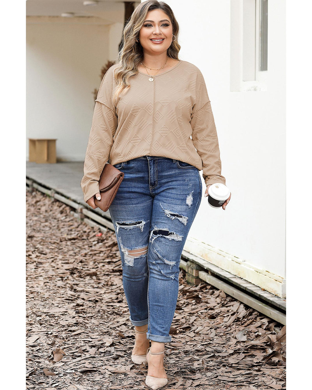 Khaki Plus Size Textured Drop Shoulder Exposed Seam Top - 1X