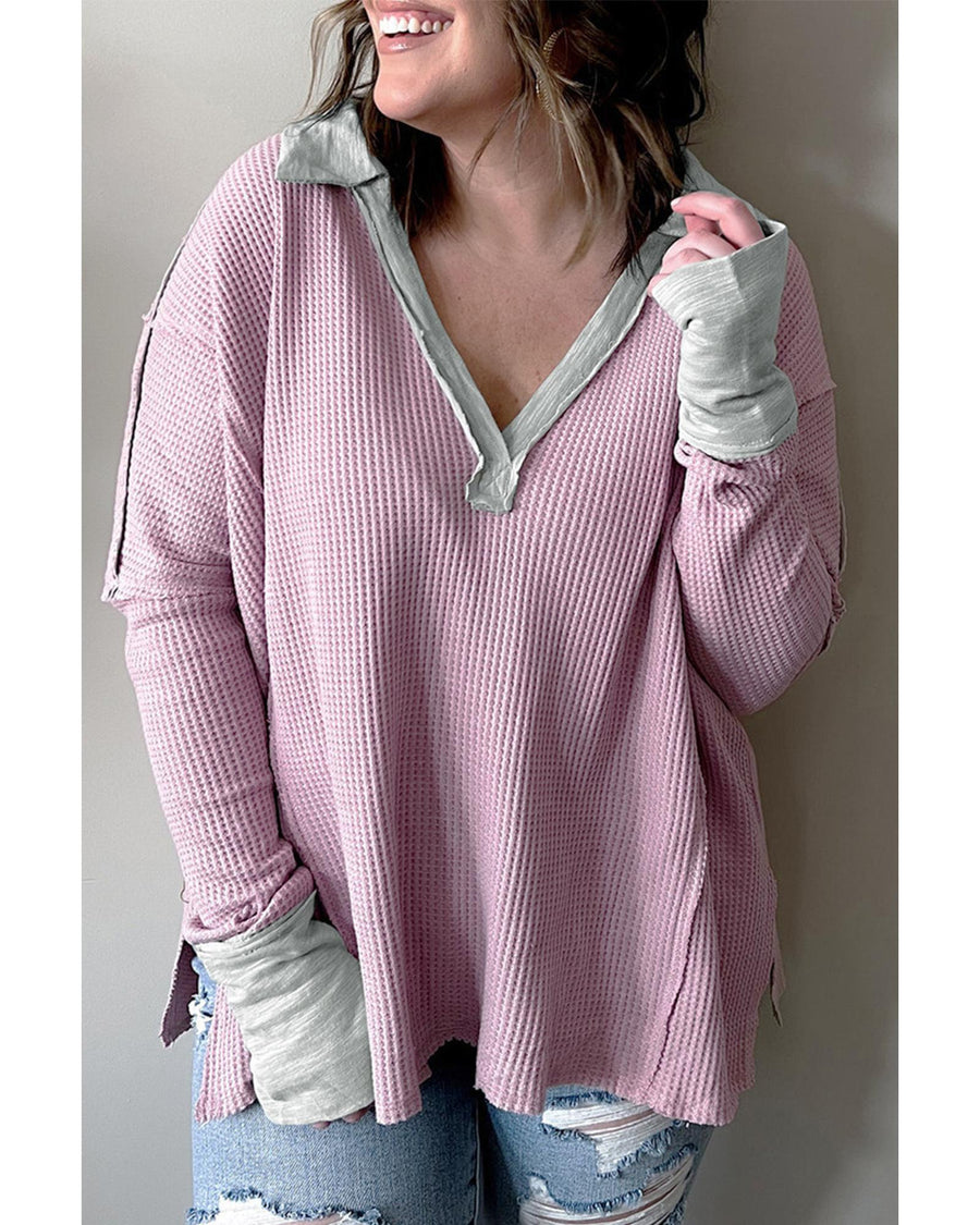 Azura Exchange Pink Plus Size Exposed Seam Waffle Knit Top - 1X