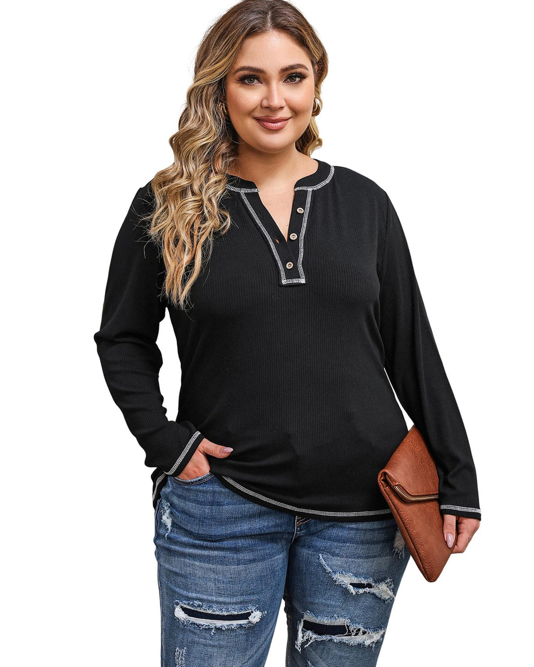 Black Plus Size Contrasting Topstitch Ribbed Henley Top - 1X